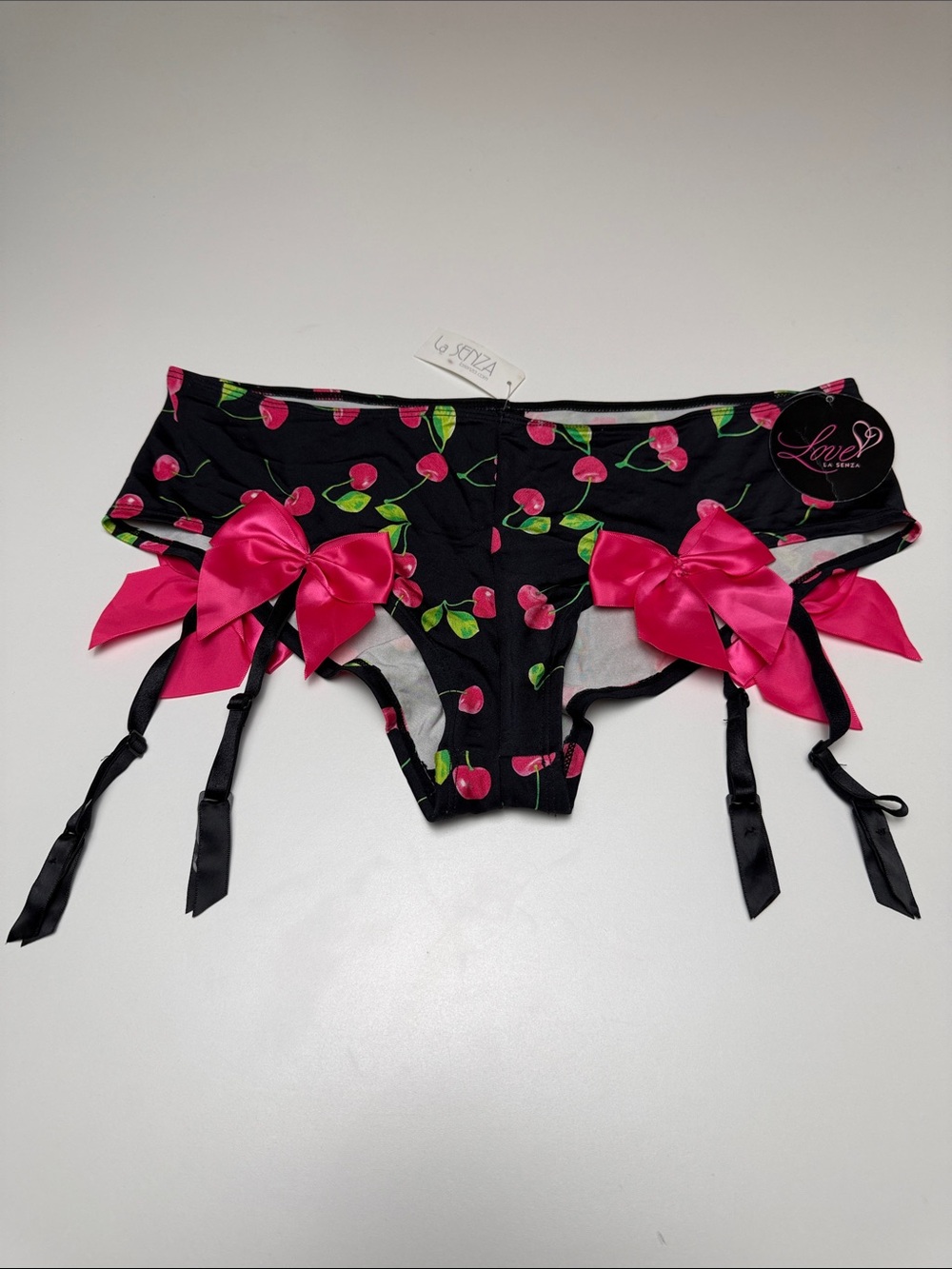 NWT La SENZA Low Rise Cherry Print Brief panties Pink Bows & garter straps XL